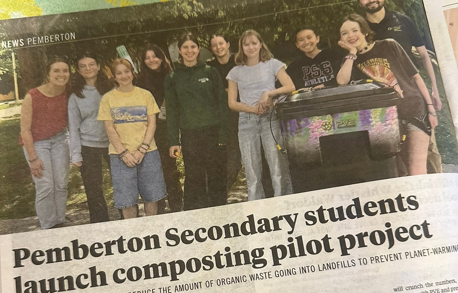 Pique Newsmagazine story featuring Pemberton Secondary students and PVE launching the school composting pilot